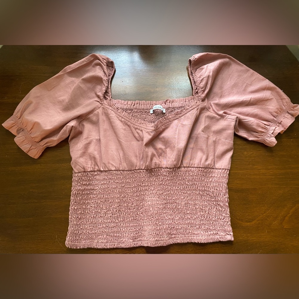 Abercrombie & Fitch Dusty pink puff sleeve smocked stretchy top; Sz XXL